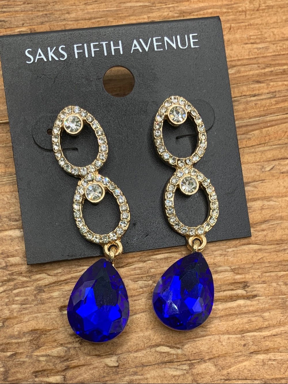 Saks Fifth Avenue Gold Crystal & Cobalt Blue Teardrop Drop Earrings